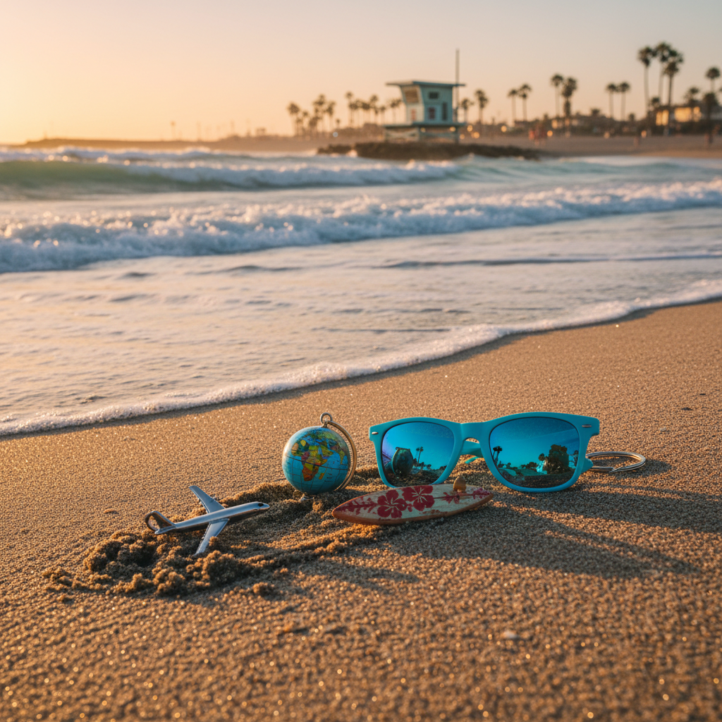 A sandy, sun-warmed shoreline stretches across the frame, with gentle turquoise waves lapping at the edge, leaving foamy patterns that sparkle in the light. In the foreground, a playful arrangement of small travel mementos—an airplane-shaped metal charm, a tiny globe keychain, a pair of bright ocean-blue sunglasses, and a miniature wooden surfboard—rests partially embedded in the sand. The late-afternoon golden hour light creates long, soft shadows and illuminates every grain of sand with a warm glow. In the distance, out of focus, a classic lifeguard tower and a line of palm trees hint at Santa Monica. Photographic realism with vibrant colors, captured from a low angle close to the sand, emphasizing texture and depth, evoking carefree, sun-kissed family adventure vibes.