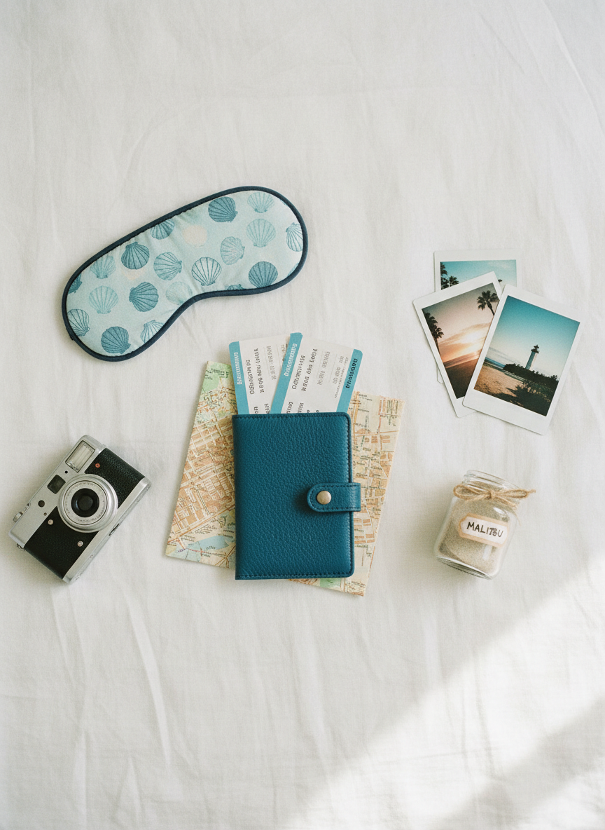 An overhead photographic realism view of a playful flat lay on a crisp white linen bedsheet in a bright Santa Monica bedroom. At the center lies a large ocean-blue passport holder, slightly open to reveal vintage-style boarding passes and a folded, well-worn city map. Surrounding it are neatly arranged travel essentials: a seashell-patterned eye mask, a compact silver camera, a small jar of collected sand labeled with a handwritten destination name, and a stack of polaroid-style landscape photos. Soft, diffused midday light pours in from an unseen window, creating minimal shadows and a clean, airy feeling. The composition uses asymmetrical balance, with plenty of negative space, evoking a playful, organized pre-trip packing moment infused with coastal calm.