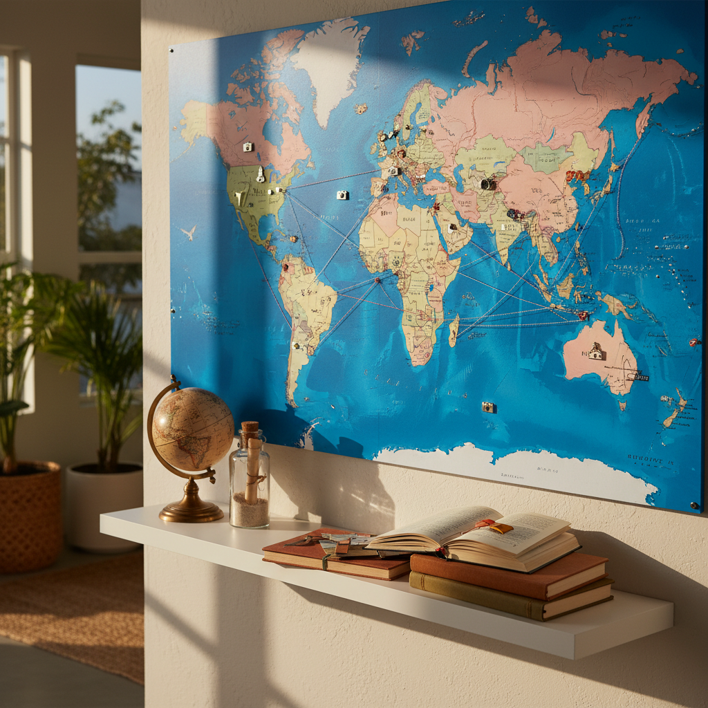 A large, detailed world map pinned to a light, sun-kissed wall, with bright ocean-blue seas and softly faded pastel continents. Tiny enamel pins and hand-drawn doodles mark various destinations, with thin twine connecting clusters of journeys like a playful web of memories. Below the map, a simple white floating shelf holds a miniature globe, a sand-filled glass bottle, and a stack of dog-eared travel journals in warm earthy tones. Late afternoon California light streams in from the side, creating gentle highlights and soft, diffused shadows. Photographic realism, shot from a slightly angled perspective to show depth, with sharp focus on the map and a subtly blurred background, conveying a cozy, imaginative planning nook in a Santa Monica home.