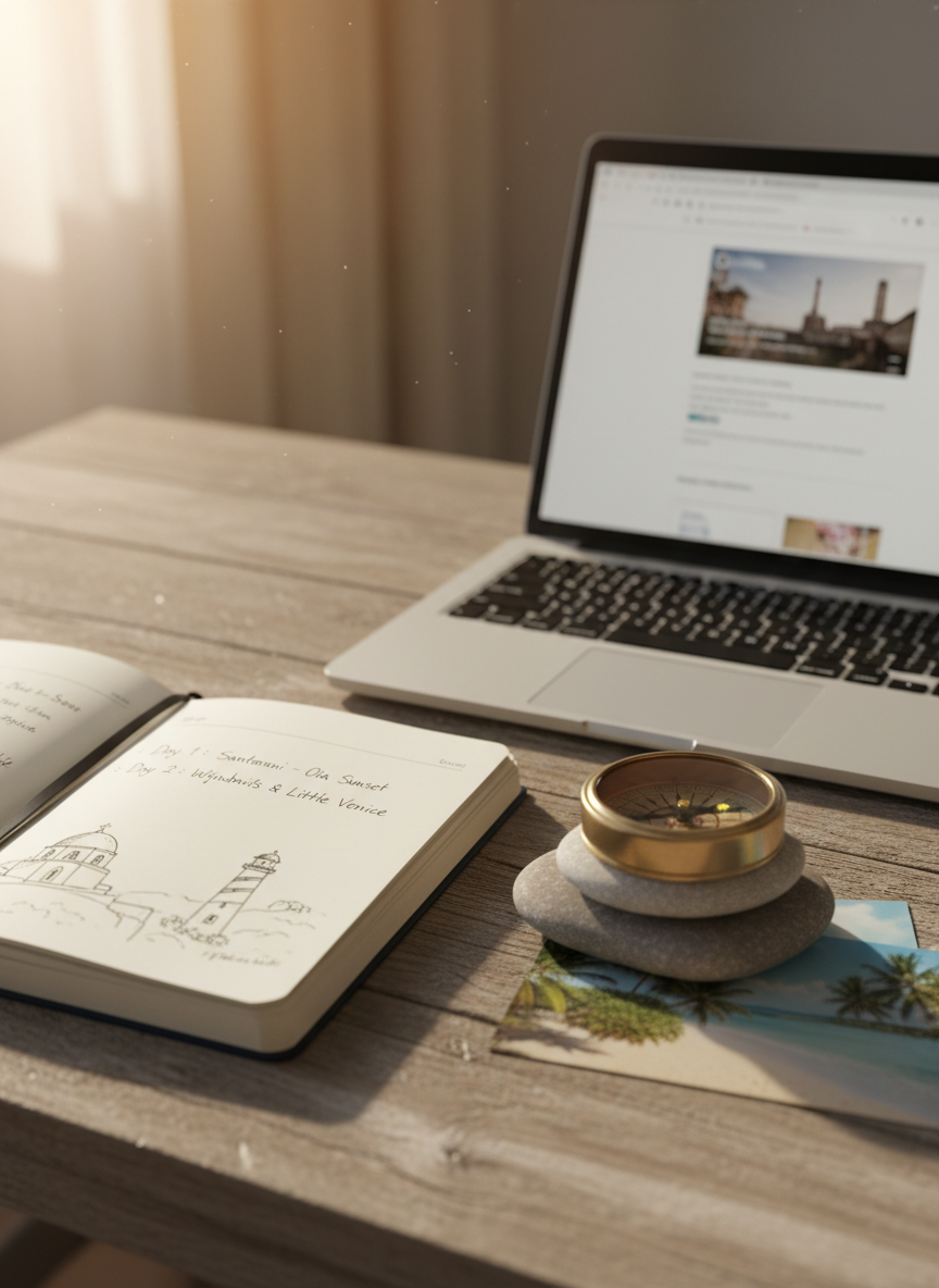 An inviting coastal-inspired desk scene in photographic realism: a weathered driftwood-toned tabletop holds an open ocean-blue notebook, its pages filled with neat handwritten trip notes and tiny sketch-like doodles of landmarks. Beside it, a vintage brass compass, a small pile of smooth beach stones, and a sun-faded postcard featuring a tropical shoreline add texture and story. A laptop sits slightly off-center, displaying a blurred travel blog layout. Soft golden morning light filters through unseen sheer curtains, casting delicate shadows and a warm glow across the objects. Captured from a slightly elevated angle using the rule of thirds, with a shallow depth of field that keeps the desk in crisp focus while the edges gently blur, creating a playful yet relaxed planning-at-home atmosphere.
